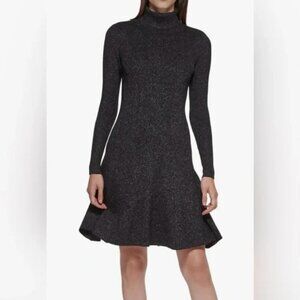 NWT - Calvin Klein Sparkle Turtleneck Sweater Dress | Gold + Black | Size M
